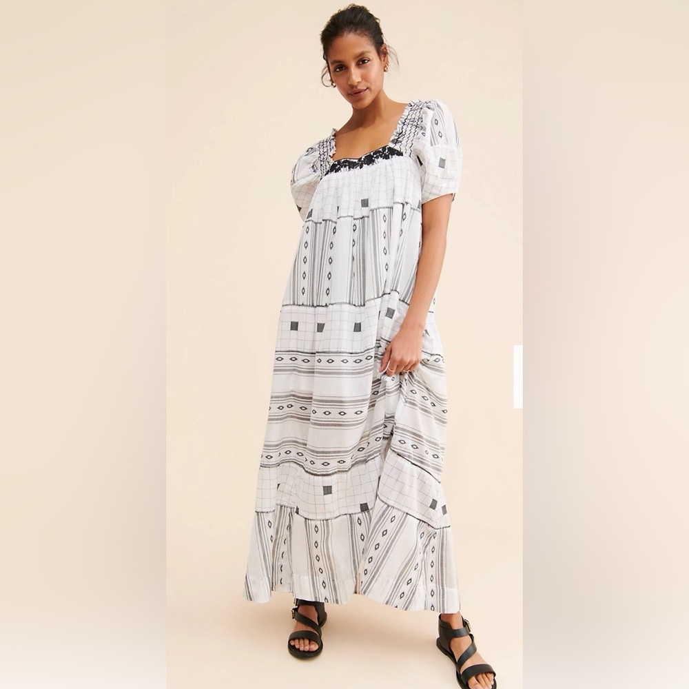 Free People White Maxi Dress with Black Embroidery